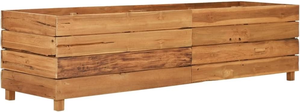 Large 59.1"x15.7"x15" Recycled Teak Wood Raised Garden Bed Rustic Brown Rectangular Elevated Planter Box with Steel Shelf for Balcony Patio Outdoor Herb Flower Vegetables