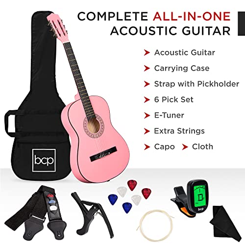 Best Choice Products 38In Beginner All Wood Acoustic Guitar Starter Kit W/Gig Bag, Digital Tuner, 6 Celluloid Picks, Nylon Strings, Capo, Cloth, Strap W/Pick Holder - Pink #TOP1