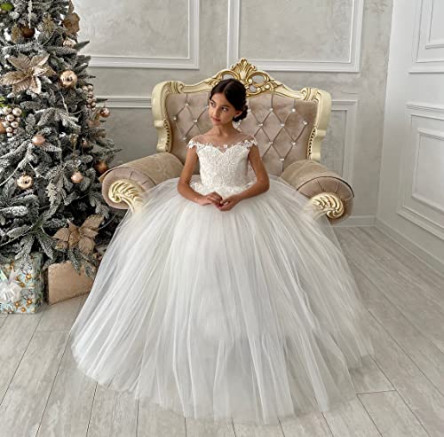 M_RAC Lace Appliques Flower Girls Dresses for Wedding Party Dress Tulle First Communion Ball Gowns with Bow FL0012