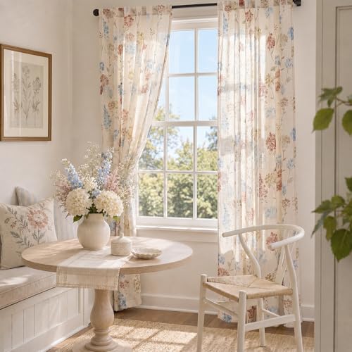 Image of jinchan Floral Linen Curtains 84 Inch Vintage Cottagecore Back Tab 2 Panels