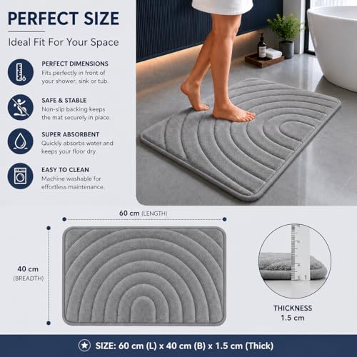 Image of Premium Memory Foam Bath Mat | 40x60cm Super Absorbent Velvet Bathroom Rug | Non-Slip Machine Washable Floor Mat (Stone Grey)