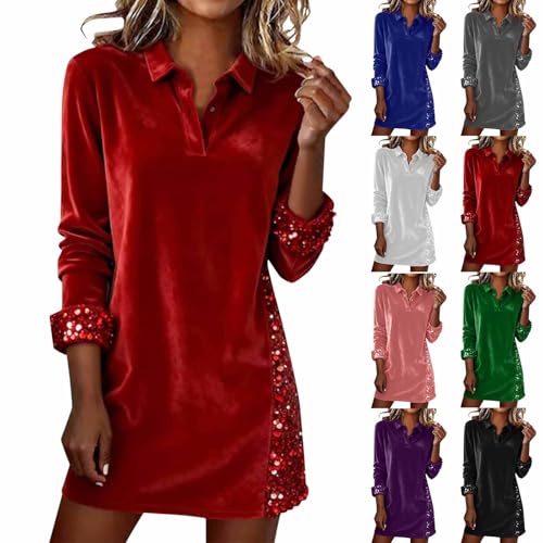 Long Sleeve Sequin Dress for Women Sequin Dress for Women Long Sleeve Velvet Sparkly Dresses Midi Collared Neck Holiday Party New Years Eve Casual Red L