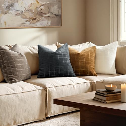 Image of MIULEE Black Plaid Decorative Throw Pillow Covers 22x22 Set of 2 | Vintage Check Chenille Couch Pillows Neutral Boho Farmhouse Cushion Covers Modern Home Decor for Sofa Bed Living Room
