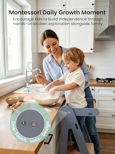 Image of Grownsy Foldable Step Stool Toddler Tower, Toddler Kitchen Stool Helper, Collapsible Kids Standing Tower with 3 Adjustable Heights for Kitchen Bathroom Sink Counter (Blue Gray)