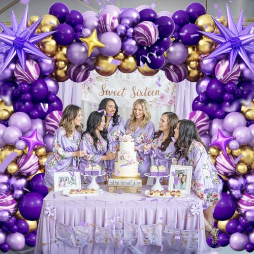 Image of Purple Balloon Arch Kit 110PCS Dark Purple and Gold Balloon Garland with Star Metallic Violet Lavender Lilac Birthday Party Balloons for Butterfly Baby Shower Graduation College School Prom Decoration