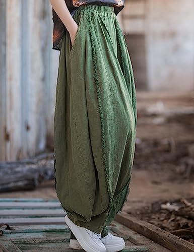 NFYM Women Cotton Linen Wide Leg Elastic Waist Patchwork Pumpkin Style Distressed Trousers3