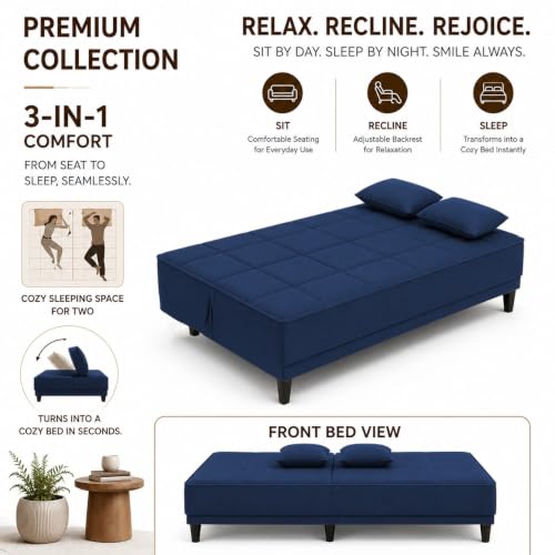 Image of Adorn India Alyssum 3 Seater Sofa Cum Bed 4X6 Velvet 2 Cushions (Color Blue) and Suitable for All Indoor, with 3 Years Warranty