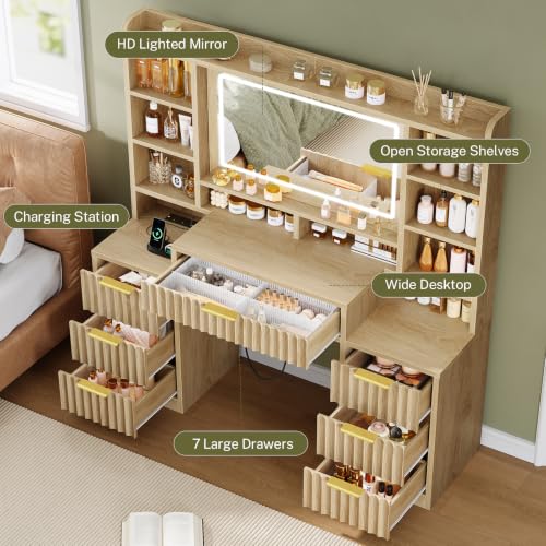 Image of FIONESO Fluted Large Vanity Desk with Mirror and Lights, Power Outlet, Makeup Vanity with 7 Drawers & 6 Open Storage Shelves, 3 Lighting Modes Brightness Adjustable, Natural