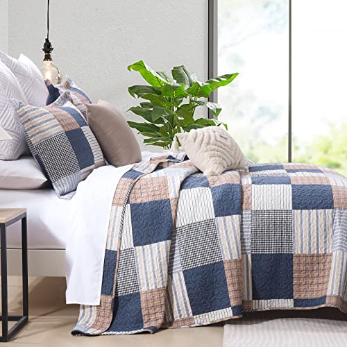 Image of Finlonte Quilt King Size - 100% Cotton King Size Comforter Set Navy Brown White Plaid Farmhouse Quilt Bedding Set, Reversible Lightweight Soft Bedspread, Quilted Coverlet All-Season, 3-Piece