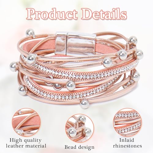 4pcs Leather Wrap Bracelets For Women,Boho Multi-Layer Inlaid Beads Handmade Bracelets Fashion Stack Bracelets Jewelry Elegant Leather Bracelet3