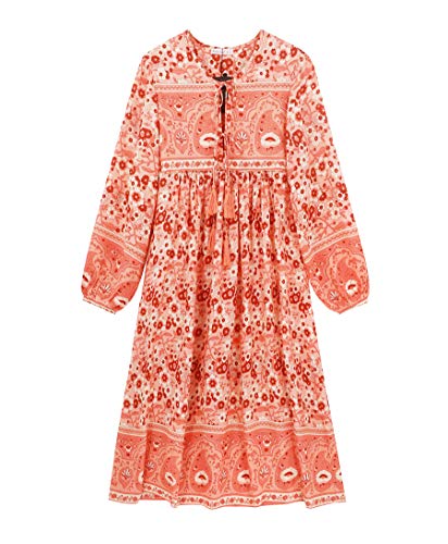 R.Vivimos Women's Long Sleeve Floral Print Retro V Neck Tassel Bohemian Midi Dresses (Small, Coral)