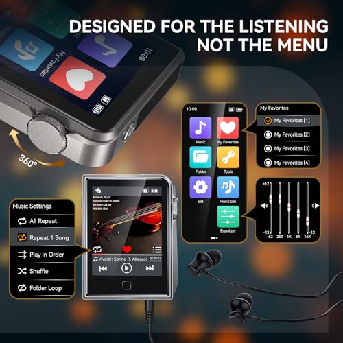 64GB HiFi MP3 Player, DAC DSD High Resolution Digital Audio Player, Tragbarer Hi-Res Musikplayer mit 2 Touchscreen, Fortsetzungsfunktion, CNC-Aluminiumgehäuse, bis zu 128GB microSD-Karte