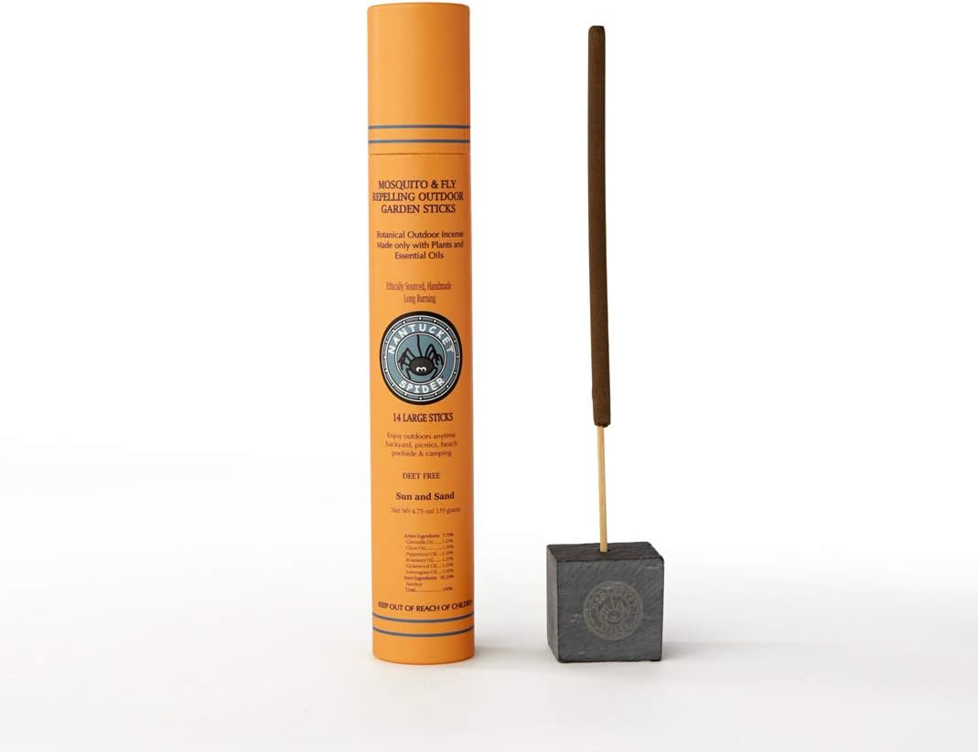 Bundle | Garden Repellent Sticks 14 Pack and Incense Stick Holder | Repels Mosquitoes, Wasps & Flies | Long Lasting | Soapstone Block, Handmade Bamboo Based Sticks, Sun and Sand