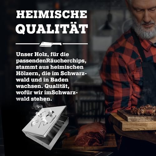 Blackforest Butchery - BBQ Räucherbox – Smokerbox aus Edelstahl – Smokergrill-Flair bei jedem Grillmodell - Maße: L 14,5cm x B 13cm x H 4,5cm