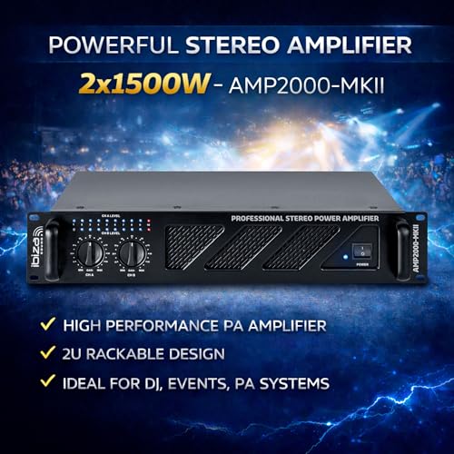 Ibiza AMP2000-MKII Professioneller PA-Verstärker 2x1500 W – 19-Zoll-Rack-montierbarer Stereo-Leistungsverstärker mit XLR-/Klinkeneingängen, Speakon-/Klemmenblock-Ausgängen und elektronischem Schutz