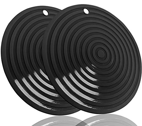 2 Pack Heat Resistant Silicone Pot Holder Trivet Mats,Heat Proof Hot Pads Flexible Jar Opener, Non Slip Trivet For Hot Dishes,9.25" Diameter Durable Pot Coaster Kitchen Mats (Round Black) #TOP26