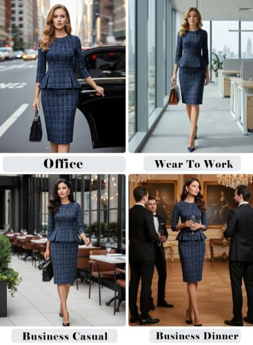 Image of VFSHOW Womens Pleated Crew Neck Peplum Slim Work Business Bodycon Dress | 3 /4 Sleeves, Professional Elegant Church, Funeral, Spring Fall, Fitted Office Pencil Sheath Dress