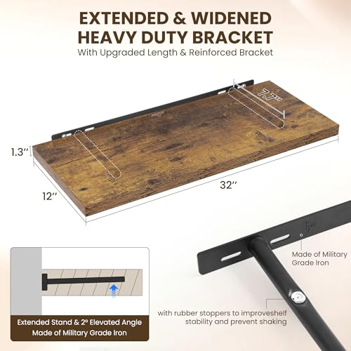Image of Dreamland 32 inch Floating Shelves for Wall, 12 inch Deep Slim Rustic Brown Floating Shelves, Wall-Mounted Shelves for Bedroom, Living Room, Kitchen, Bathroom - Set of 2