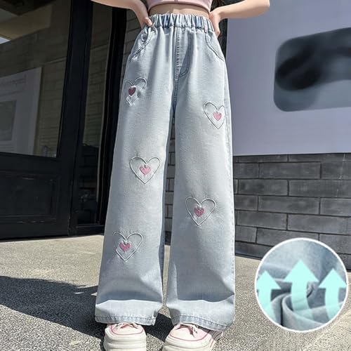 Teen Girls Wide Leg Jeans Flowers Embroidered Coquette Denim Pants with Pocket Elastic High Waist Streetwear Casual Trousers3