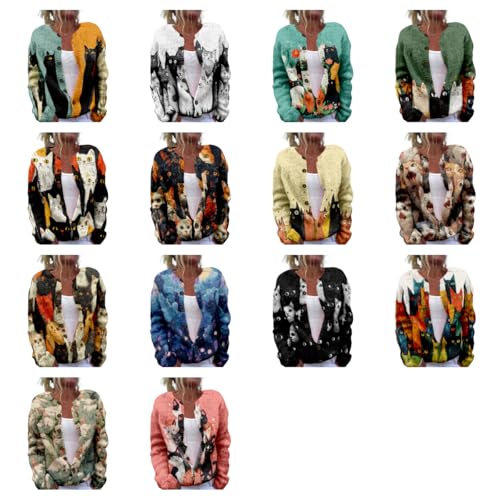 Cardigan Sweaters for Women Cat Print Cute 2024 Fall Fashion Trendy Long Sleeve Crewneck Chunky Sweater Knit Plus Size Button Down Clothing Dressy Casual Cropped Cotton Tunic Sweater,2XL