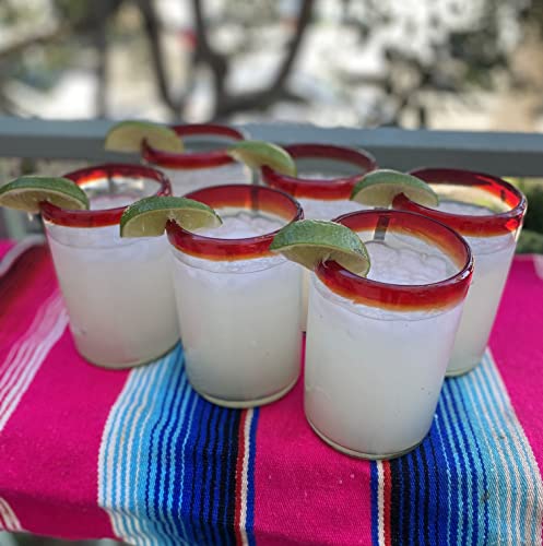 Hand Blown Mexican Drinking Glasses - Set Of 6 Glasses With Red Rims (14 Oz Each) #TOP5