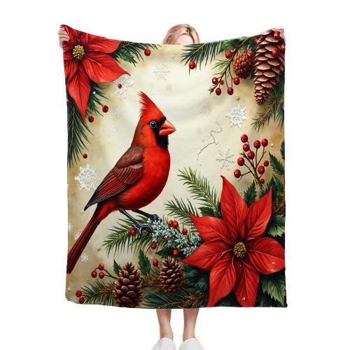 Plaid polaire 150x200 fleur rouge et oiseau en microfibre douce pour lit et canapé
