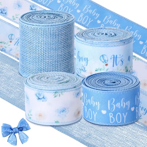 Waydress 4 Rolls Blue Its A Boy Theme Ribbon 2.5 Inch Wired Baby Shower Ribbon for Diaper Cake Wreaths Bows Gift Wrapping DIY Crafts Boy Baby Shower Decoration