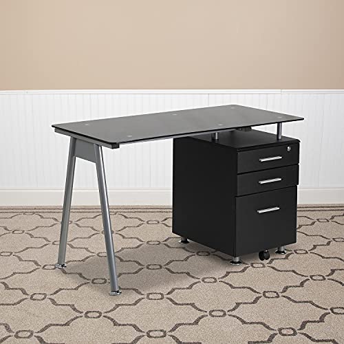 Flash Furniture Black Glass Computer Desk With Three Drawer Pedestal #TOP1