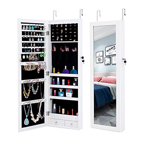 MIYACA 6 LEDs Jewelry Mirror Armoire Organizer, Lockable Jewelry Cabinet Wall Door Mounted, with Full Length Dressing Mirror and Larger Capacity, White