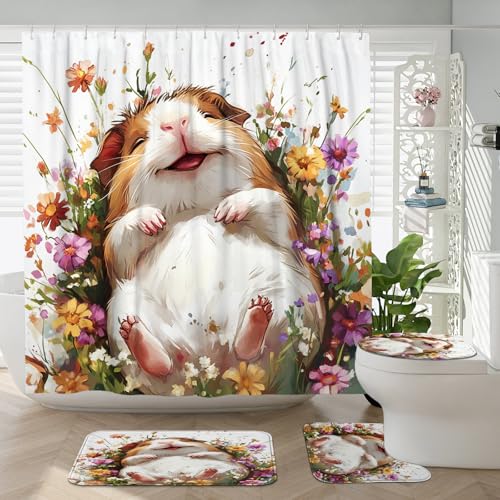 DESIHOM 4PCS Cute Kawaii Guinea Pig Shower Curtain 72''x72'' with Hooks, Bathroom Accessory Sets with Bath Mat, U Shape and Toilet Lid Cover Mat, Funny Flower Floral Home Fabric Decor