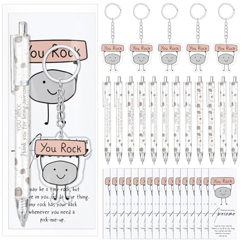 Sayglossy 36 Sets Employee Inspirational Gifts Bulk Motivational Pens and Keychains with Positive Card Employee Appreciation Gifts for Social Worker Coworker Volunteer Nurse (You Rock)