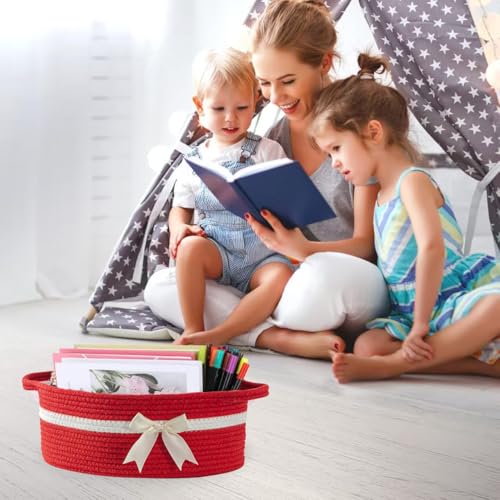 Image of Gift Baskets Empty, Small Woven Rope Storage Basket with Bow and Ribbons and Gift Wrap, Bowknot Decorative Gifts Basket with Handles, DIY Storage Organizer Basket for Wedding Graduation, Red