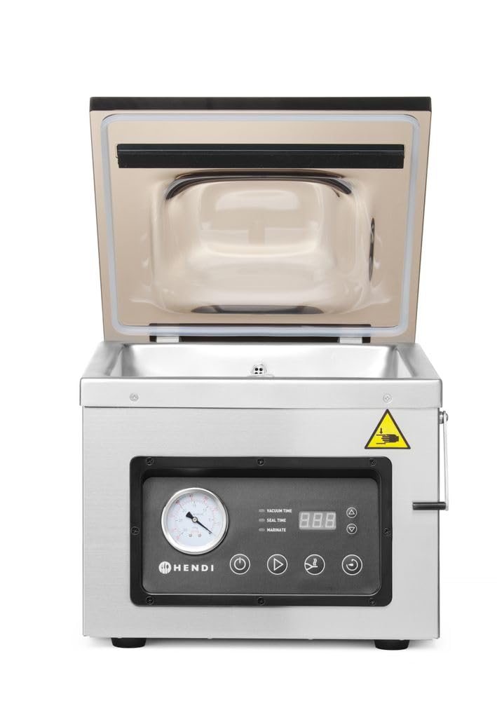 HENDI Macchina Sottovuoto a Campana, Tempo di Vuoto 5–90 s, Funzione Marinatura, Barra di saldatura 300x5mm, Pompa a Olio 133,3 l/min, 230V/950W, 359x425x(H)366mm, Inox