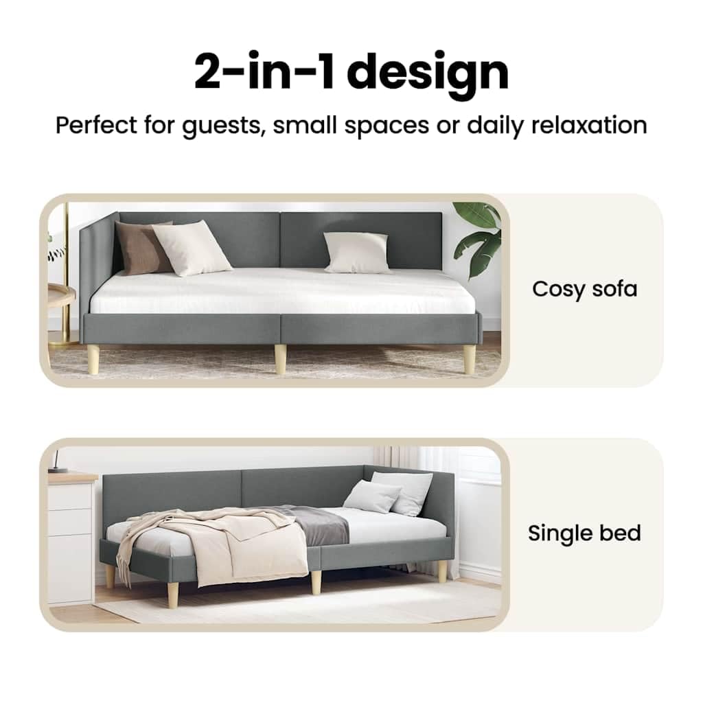 vidaXL Eckbettgestell Dunkelgrau 90 cm x 200 cm Stoff und Sperrholz, Moderne Eckbettgestell, platzsparendes Daybed, Flexibles Design für Schlafzimmer, stilvolle Minimalismus-Möbel