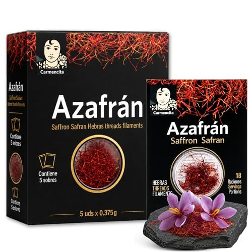 Hebras de azafrán, saffron safran, Azafrán Español de Calidad, ideal para paellas, estofados, sopas, patatas y gran cantidad de guisos, Peso Neto 0.375 g, Apto para 18 raciones, Contiene 5 sobres