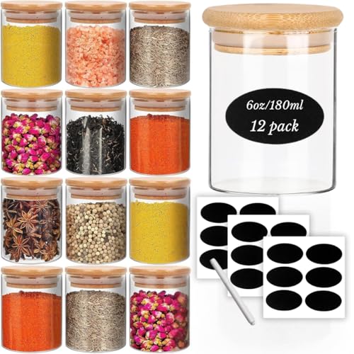 CLOUDFOUR 12 Glass Spice Storage Jar with Bamboo Lids & Labels 6oz Spice Container Bottle for Tea Coffee Cookie Food Storage Small Containers for Home Kitchen Cabinet Drawer & Pantry Organizers