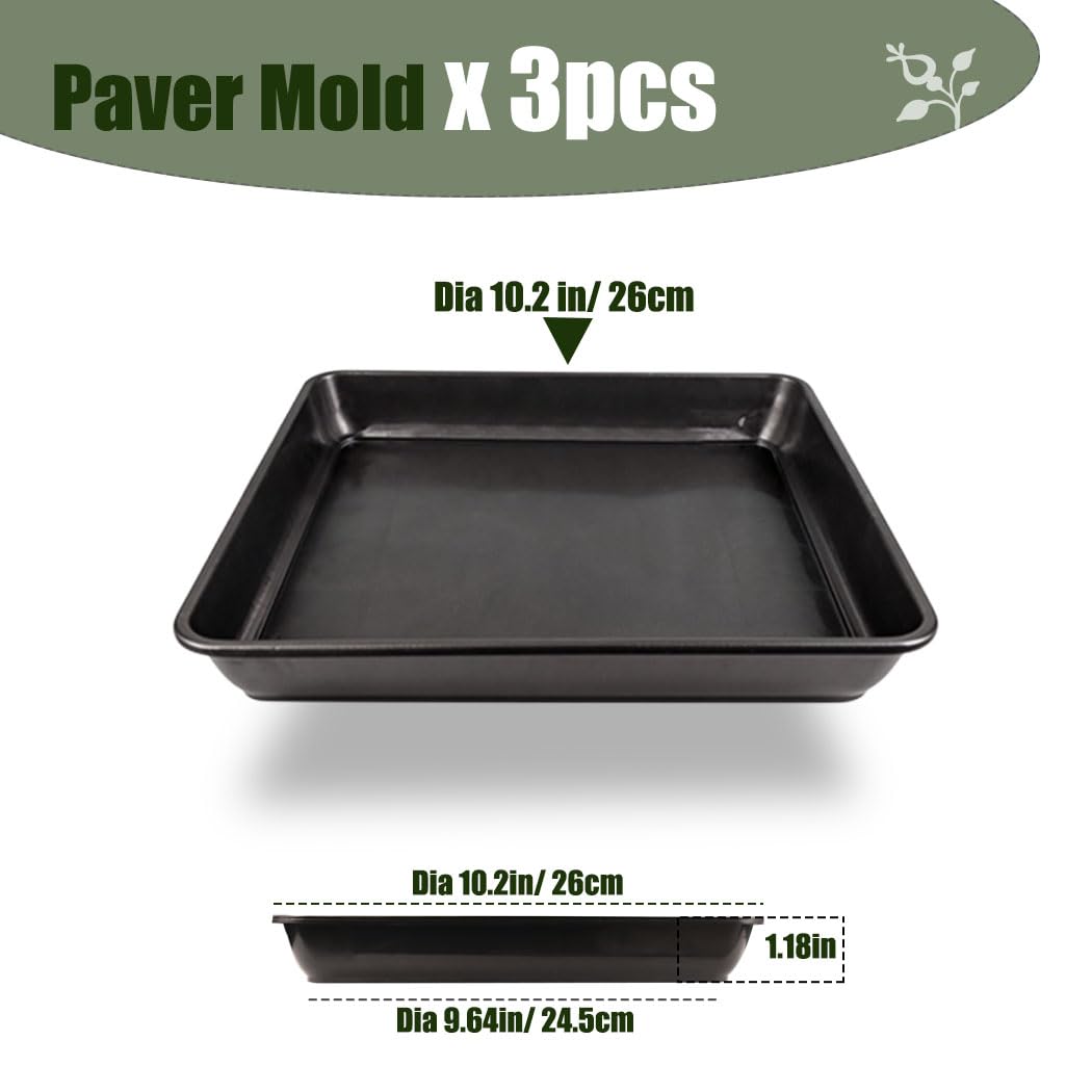 3 Pcs Stepping Stone Mold, Square Plastic Paver Molds for Concrete, 10.2 * 10.2 in/ 1.18 in Depth Black Cement Tray, Reusable DIY Form for Paving Garden Path, Walkway, Patio, Outdoor Landscaping