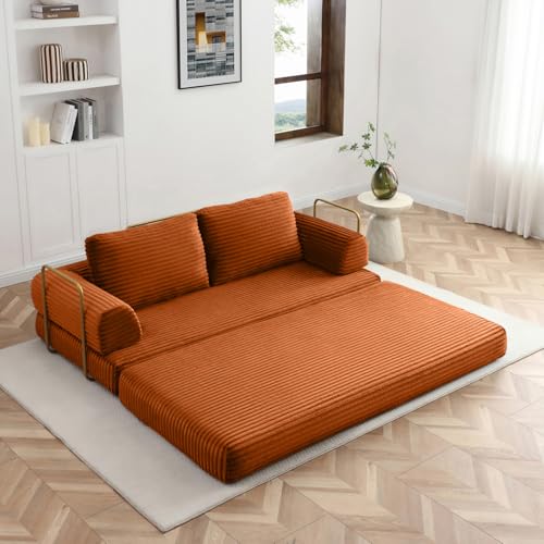 Image of HANXIN 80 Inch Convertible Sleeper Sofa Bed, High Back Plush Corduroy Folding Floor Mattress Couch with Fixed-Shape Frame, Boneless Futon Loveseat with Pull Out Bed, No Assembly Required (Orange)