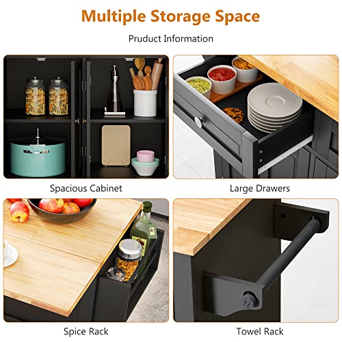 Squireewo Kitchen Cart With Wood Top Breakfast Bar, Rolling Mobile Kitchen Island Table On Wheels With Drawer And Storage Cabinet, Spice Rack, Towel Rack, Black #TOP3