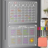 2 Pack Acrylic Magnetic Fridge Calendar Clear Fridge Weekly Planner Acrylic Magnet Family Planner Whiteboard for Fridge Chores Board Monthly Planner Dry Erase Board with 6 Marker Pens for Menu, Meal