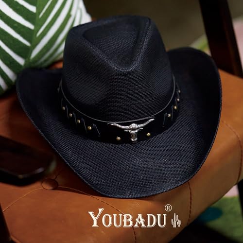 Image of YOUBADU Western Straw Cowboy and Cowgirl Hats with Decorative Bands - Unisex Wide Brim Raffia Style Sun Hat