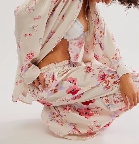 Image of Women Satin Pajama Set Floral Silk Pajamas 2 Piece Lounge Sets Button Down Shirts Wide Leg Pants Pjs Sleepwear