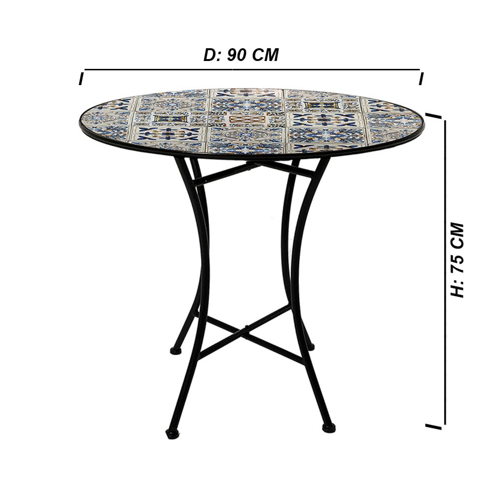 Tavolo rotondo in ferro battuto con piano in ceramica decorazione mosaico diametro 90 cm per giardino o interno stabile per esterni terrazza balcone