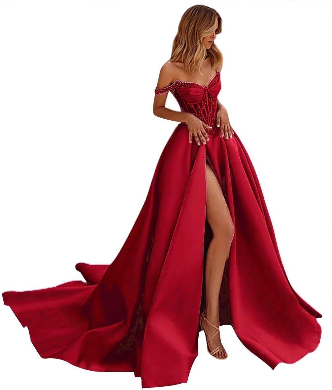 WDBFY Satin Prom Dresses with Slit Pearls Appliques Long Ball Gowns A-Line Formal Evening Gowns with Train