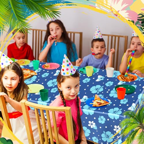 Image of Oudain 6 Sheets Hawaii Hibiscus and Tropical Leaves Tablecloth Birthday Party Decorations Blue Alien Cartoon Table Covers for Birthday Party Supplies