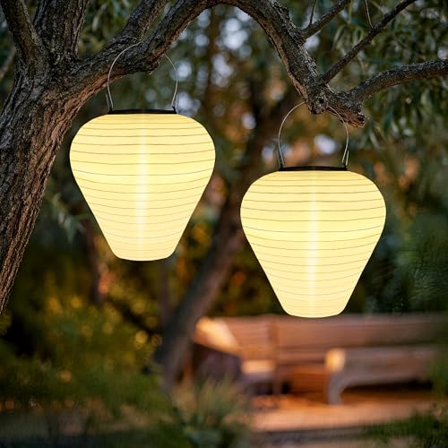iShabao Solar Lampions Außen Wetterfest 2 Stück 20cm Solarlampen für Außen Hängend IP65 Wasserdicht Nylon Solarlaterne Warmweiß LED Solar Laternen für Draußen Garten Balkon Terrassen Party Deko