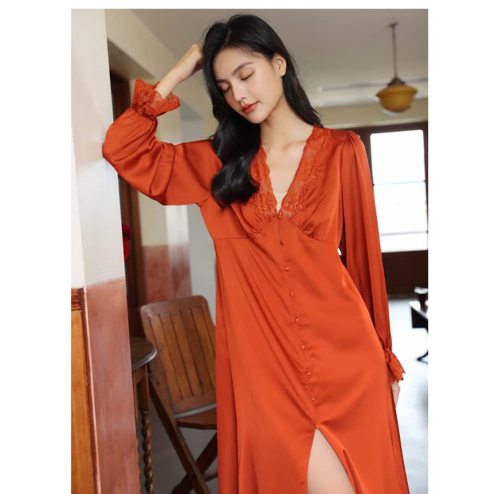 Nachthemd Damen,Damen-Nachthemden, Orange, Satin, V-Ausschnitt, Spitze, Knopf, Schlitz, Sexy Schlafhemd, Weiches, Bequemes, Langärmliges Nachthemd, Loungewear Für Damen, Mädchen, Pyjama-Party, We