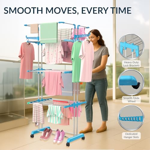 Image of H Houseware Foldable Cloth Drying Stand Stainless Steel 4 Tier Heavy-Duty Clothes Dryer for Balcony, Indoor & Outdoor Use | with Wheels & Hanger Slots | Rust-Proof Laundry Rack(Jumbo)