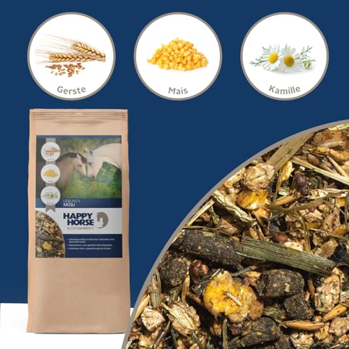 Happy Horse Lieblings Kräuter – Pferdemüsli 14 kg | Haferfreies Kräutermüsli für schwerfuttrige Pferde | Pferde Müsli mit hohem Strukturanteil | Mineralfutter mit Pfefferminze, Rosmarin & Luzerne