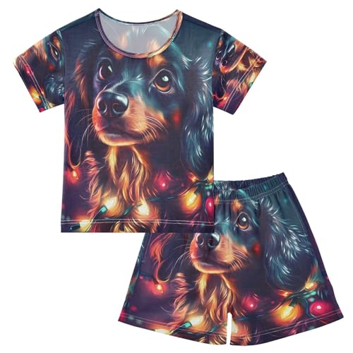 ALAZA Dachshund Dog Color Puppy Pajamas Set Short Sleeve Cotton Sleepwear Summer Pjs 2 Piece 5-14Y